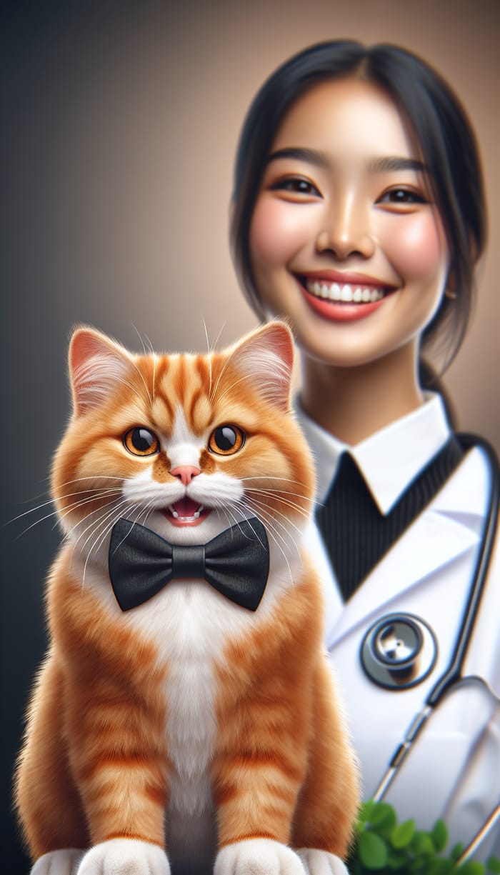 Real-life Scottish Red Cute Cat with Black Bow Tie Smiling