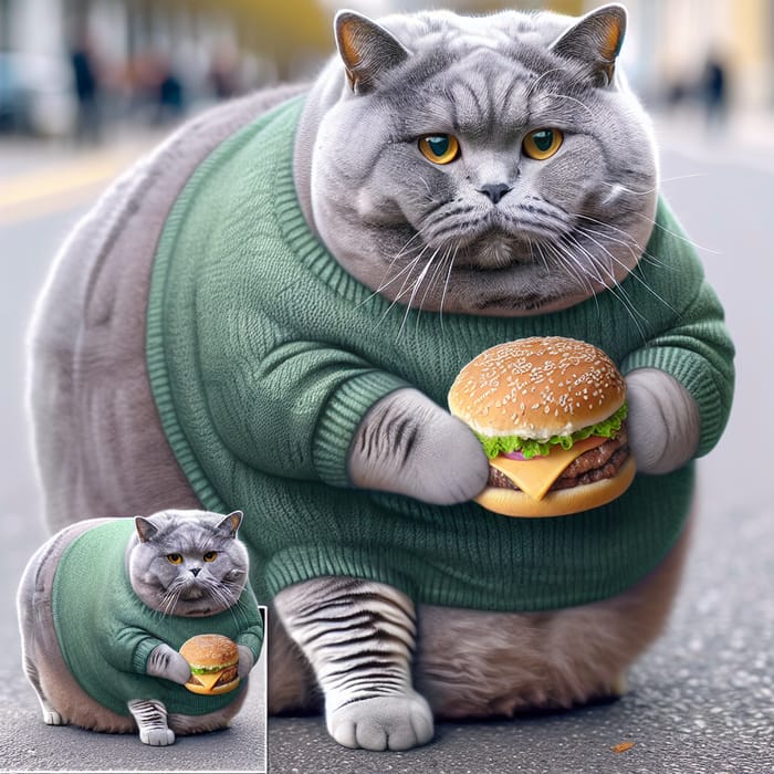 Chubby Grey British Shorthair Cat in Green Sweater Eating Hamburger