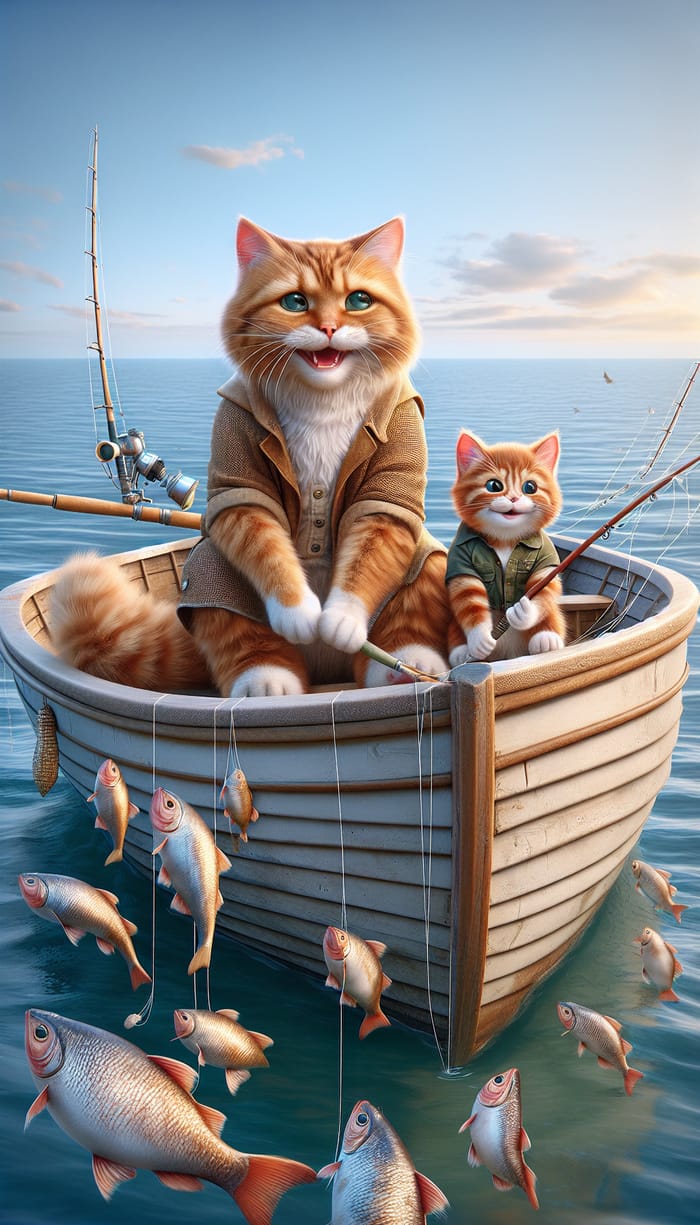 Father Cat Teaching Son to Fish in Sea | Scottish Red Cats
