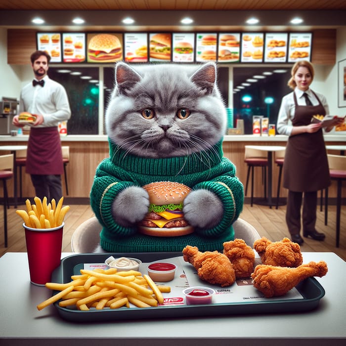 Realistic Scene of Grey British Kitten in Green Sweater at Fast-Food Restaurant