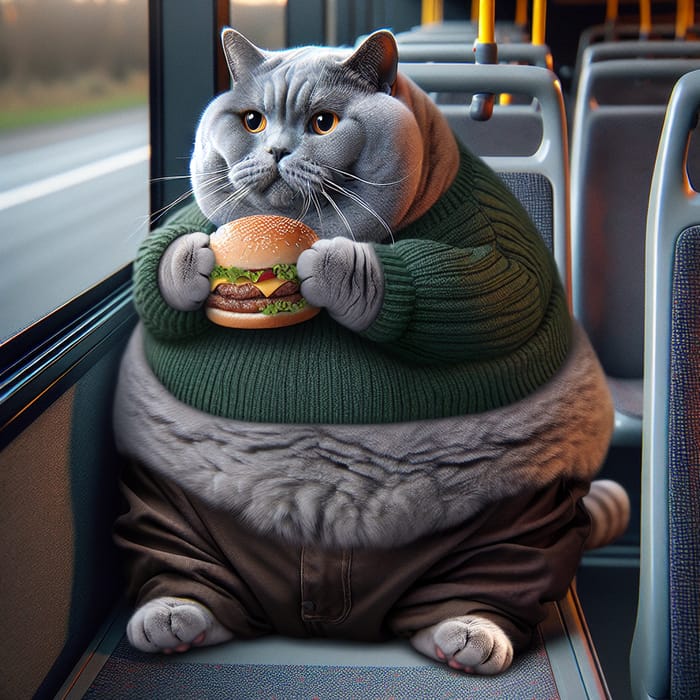 Overweight Grey British Shorthair Cat in Bus Eating Burger