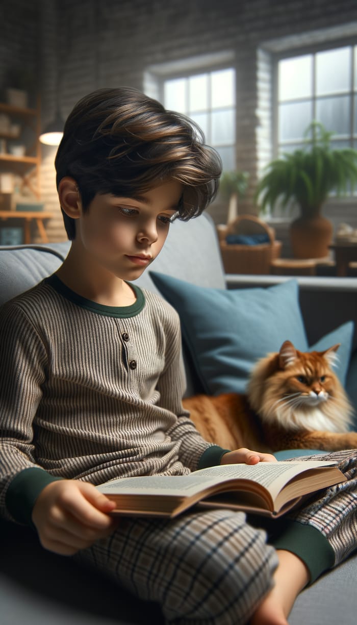 Dark-Haired 8-Year-Old Boy Reading Book with Ginger Cat in Realistic Home Scene