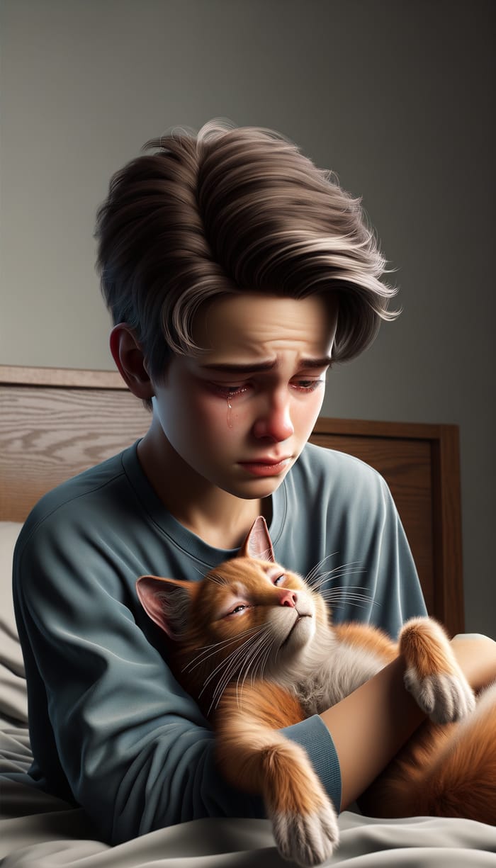 Heartfelt Image of a Grieving 15-Year-Old Boy with Beloved Cat
