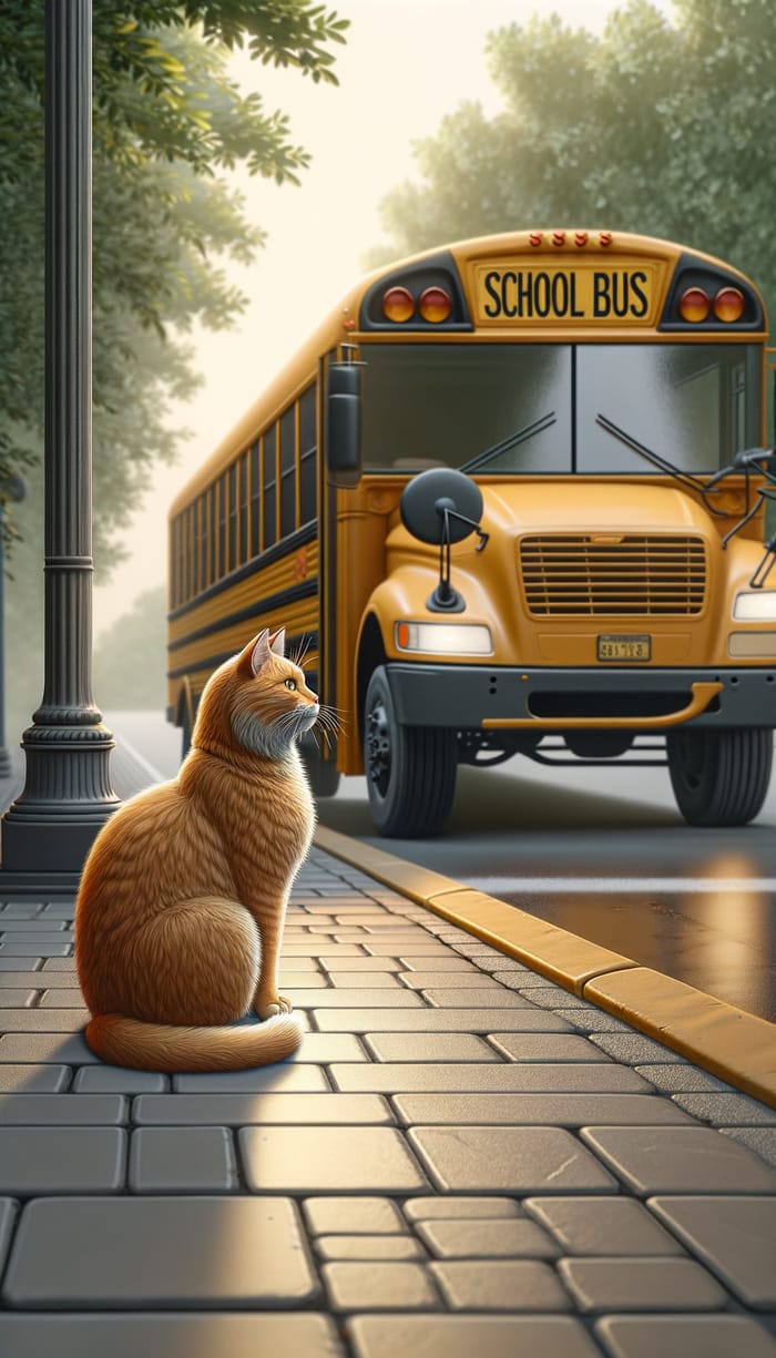 Ginger Cat Sitting on Sidewalk Watching School Bus | Photorealism & Aesthetics