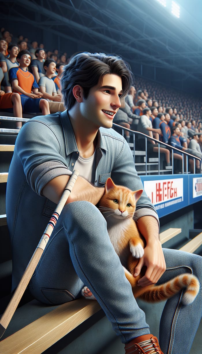 Realistic Portrait of Cheerful Boy with Ginger Cat at Hockey Match