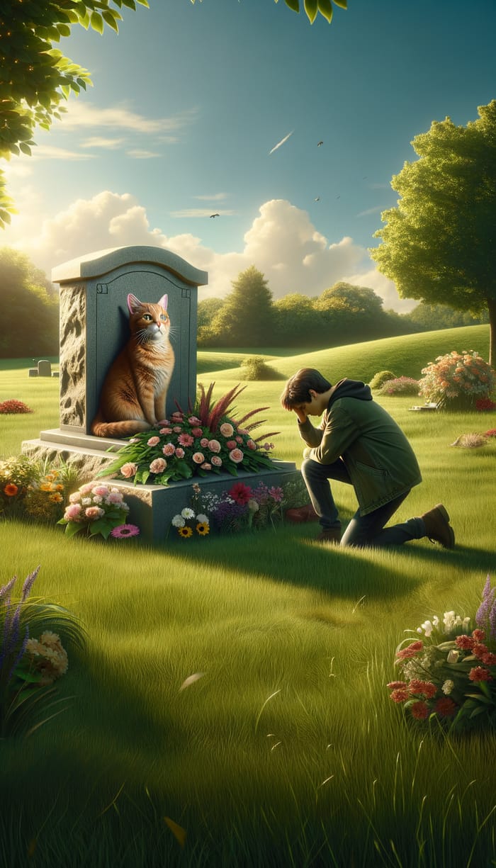 Ginger Cat Memorial: Emotional Scene with Boy and Flowers