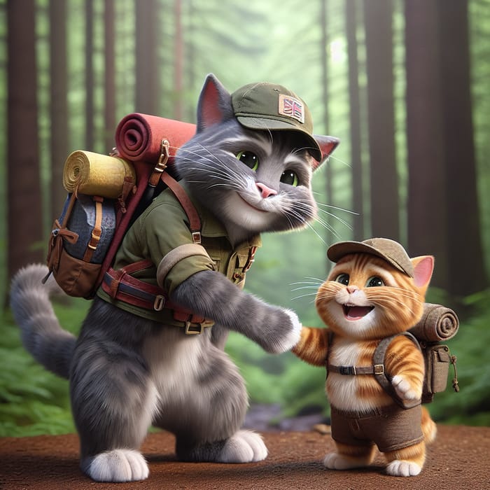 Real-Life Grey Cat Tom & Ginger Kitten in Hiking Gear | Charming Scene