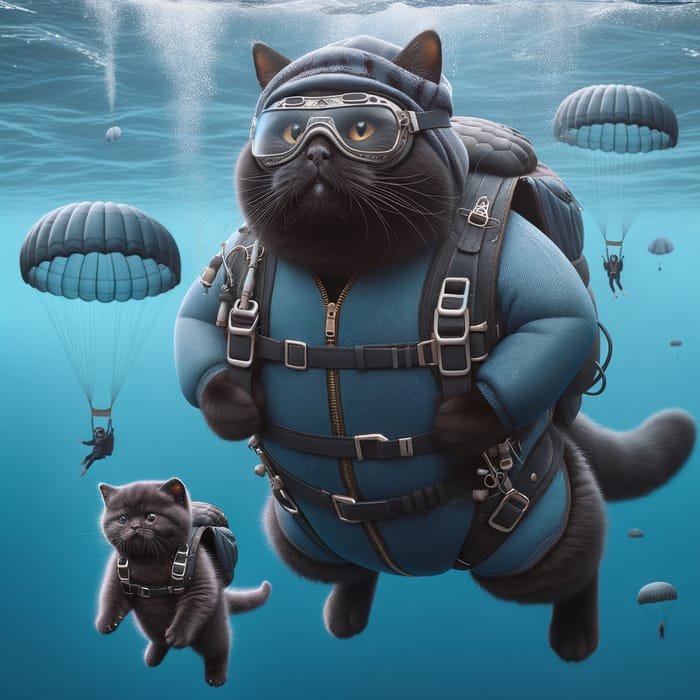 Realistic Black Cats Skydiving in Blue Sea - High-Resolution Image
