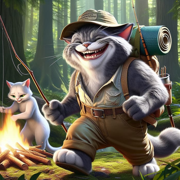 Jovial Grey Tomcat's Forest Adventure with Comrade