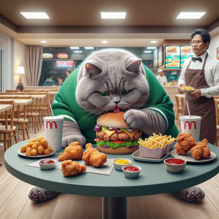 Realistic Grey British Kitten Eating Fast Food in Restaurant