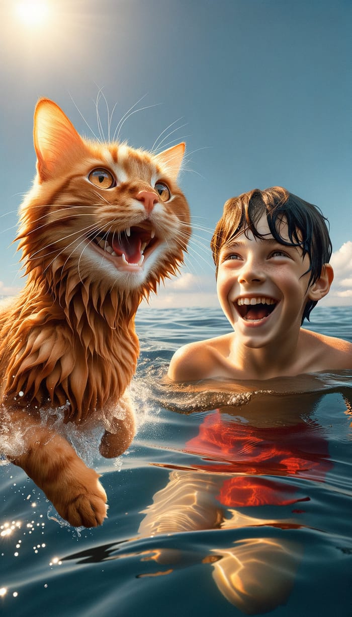 Ginger Cat Swimming in the Sea with Dark-Haired 12-Year-Old Boy