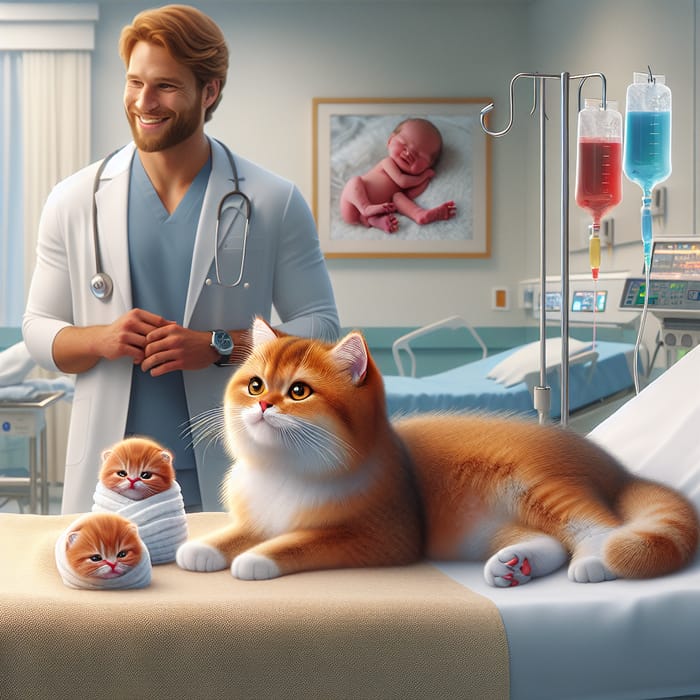 Redhead Cat on Maternity Ward Bed with Newborn Kittens