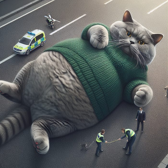 Enormous Grey British Shorthair Cat in Green Sweater - Realistic Photo