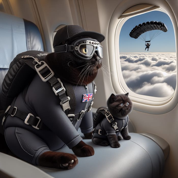 Realistic Black Cat & Kitten Skydiving Scene | High-Resolution Photo