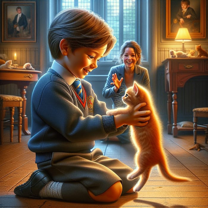 Realistic Scene of Boy and Ginger Kitten Captured in High Resolution