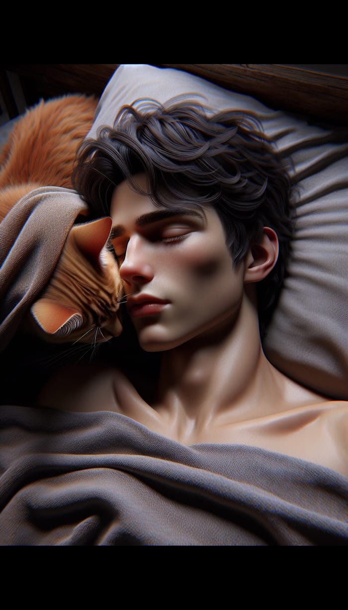 Realistic Portrait of Tranquil 15-Year-Old Boy Sleeping with Ginger Cat