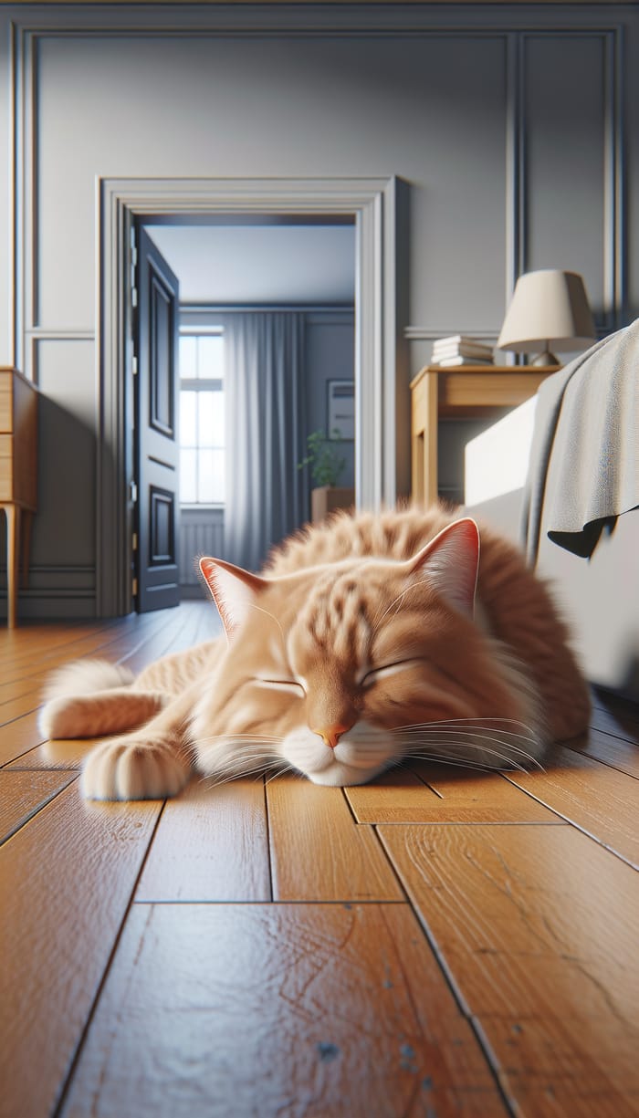 Hyperrealistic Ginger Cat Lying by Bedroom Entrance