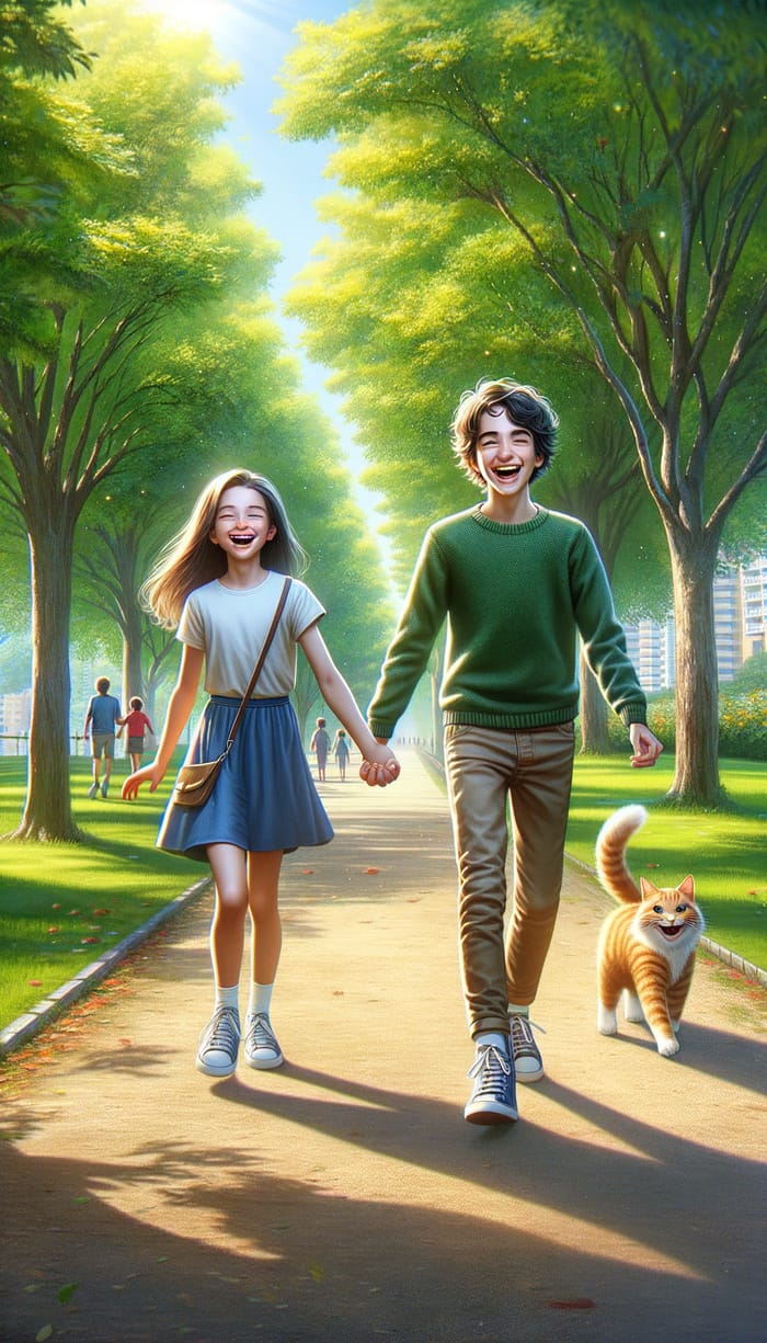 Captivating Scene: Charming 12-Year-Old Boy & Girl Walking in a Lush Park