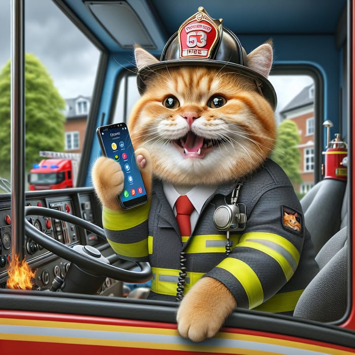 Cheerful Cat in Firefighter Uniform Talking on Phone