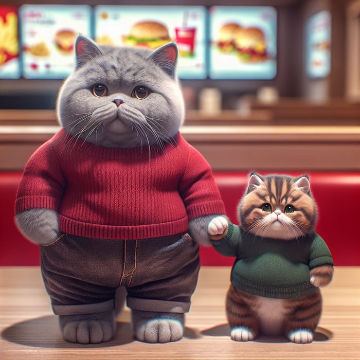 Chubby Grey British Cat and Kitten in Sweaters at Fast-Food Restaurant