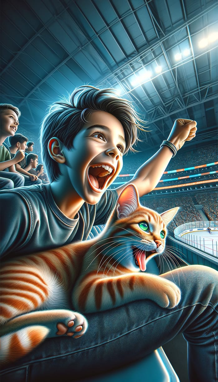 14-Year-Old Boy Watching Hockey Match with Tabby Cat