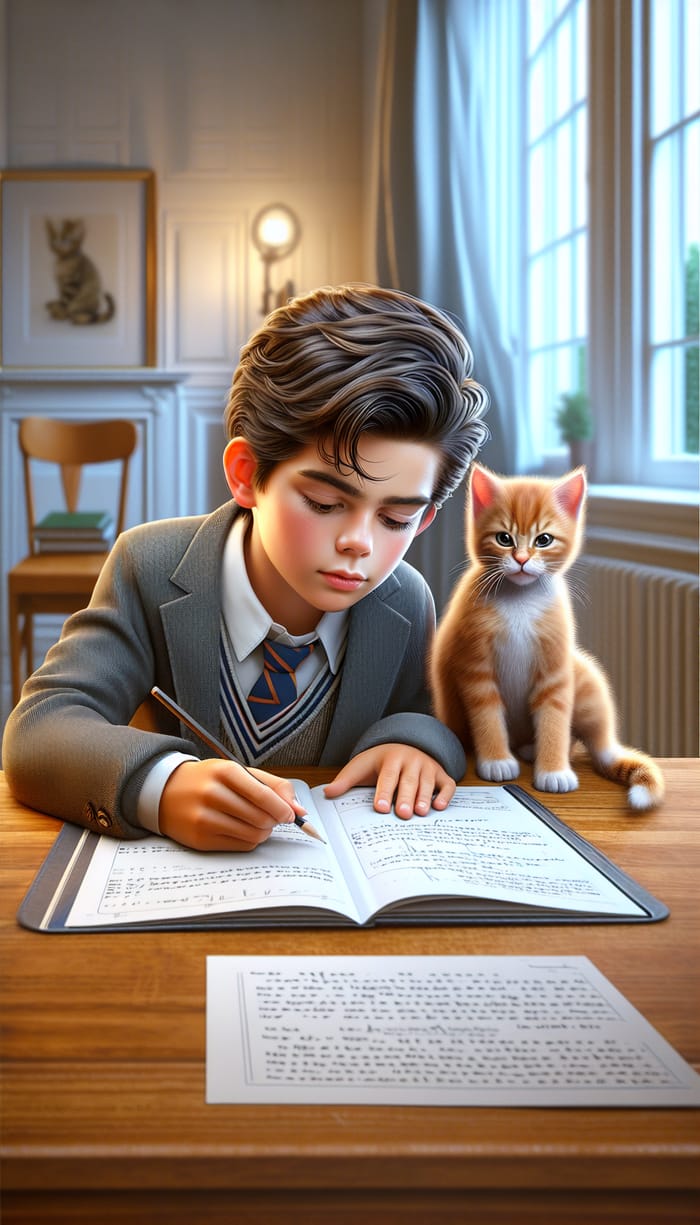 Detailed Realistic Scene: Boy Learning with Ginger Kitten