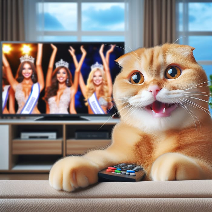 Adorable Ginger Scottish Fold Cat Watching Beauty Contest on TV | Realism & Joy