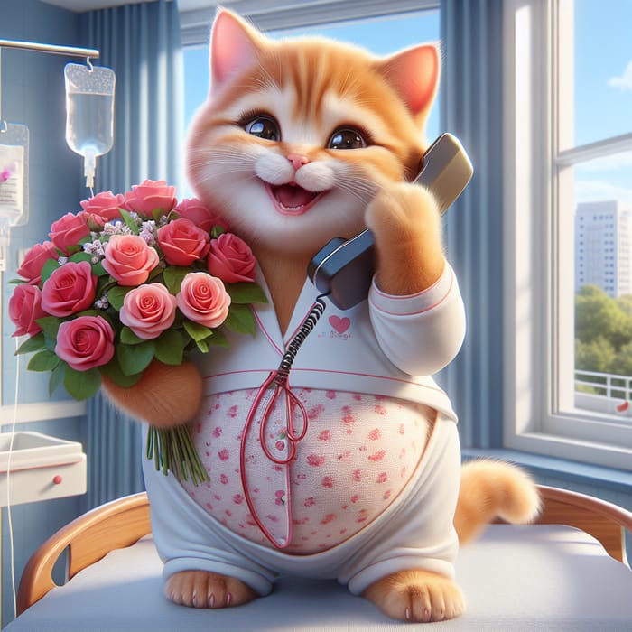 Charming Ginger British Shorthair Cat with Bouquet of Roses in Hospital Room