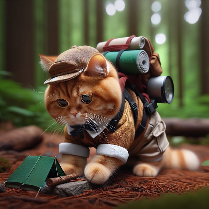 Chubby British Cat Setting Up Tent in Forest | Highly Detailed