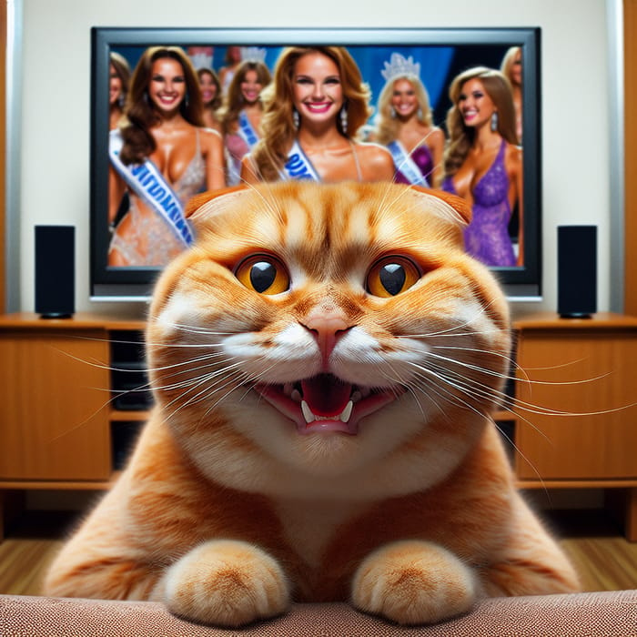 Realistic Scottish Fold Cat Watching Beauty Pageant on TV