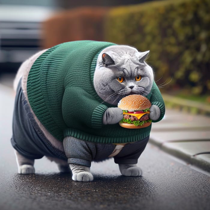 Stocky Grey British Cat in Green Sweater Munching on Hamburger