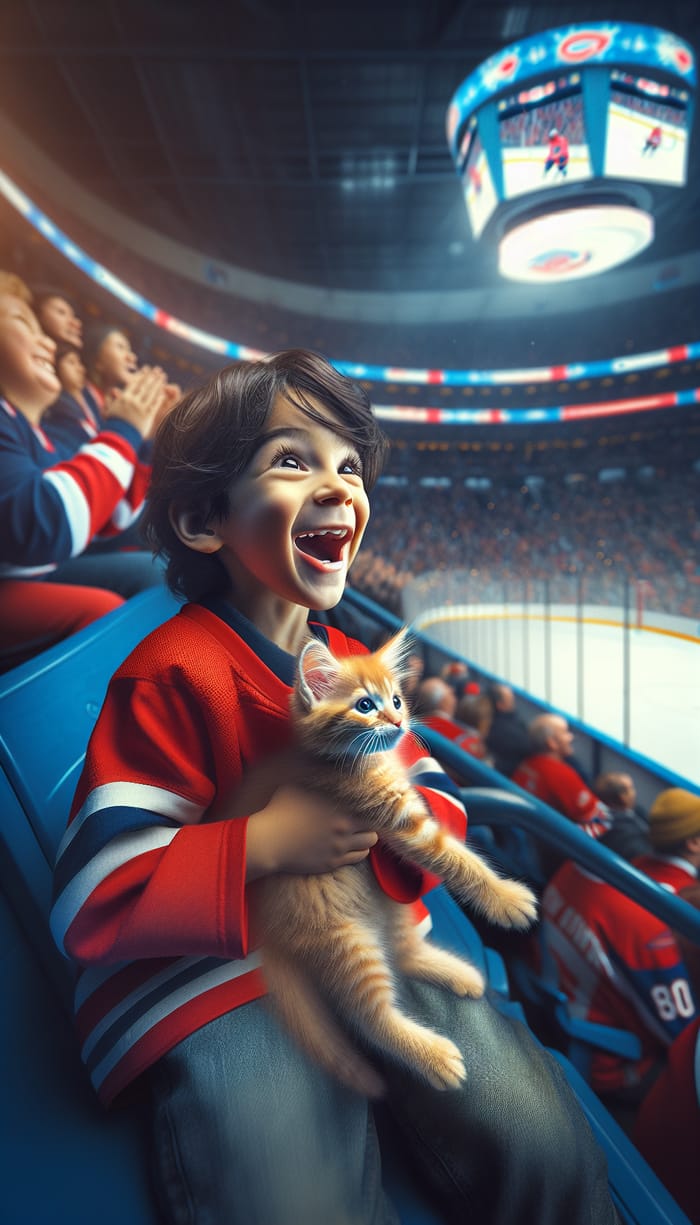 Cheerful 11-Year-Old Boy and Ginger Kitten at Hockey Game