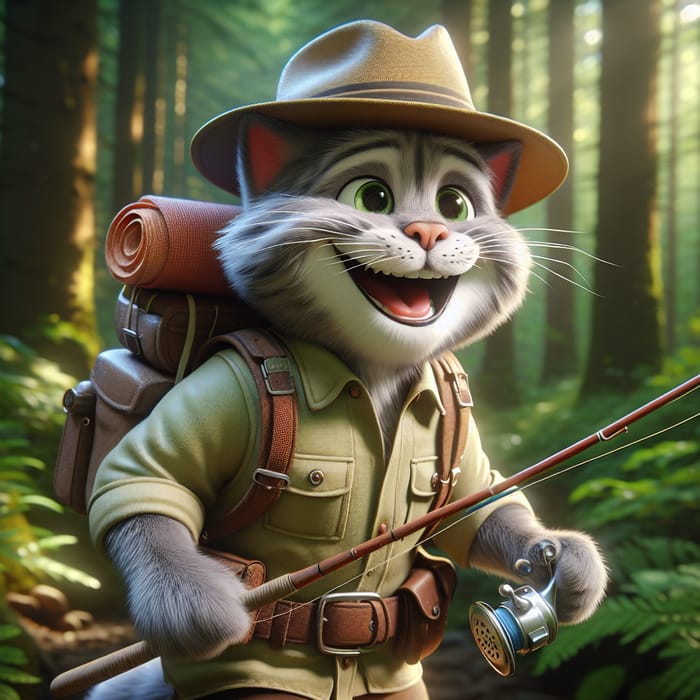 Joyful Cat Hiker: Realistic and High-Detailed Cartoon Character