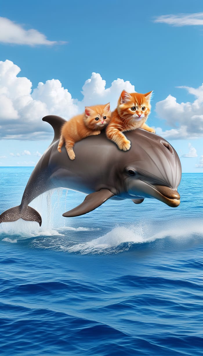 Ginger Tomcat and Kitten Riding Dolphin in Blue Sea