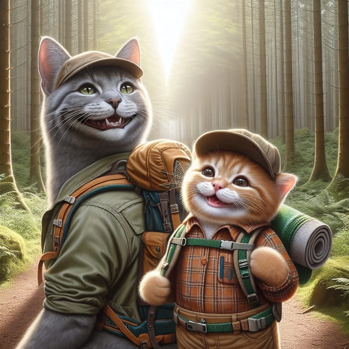 Realistic Gray Tomcat and Ginger Kitten Hike in Forest