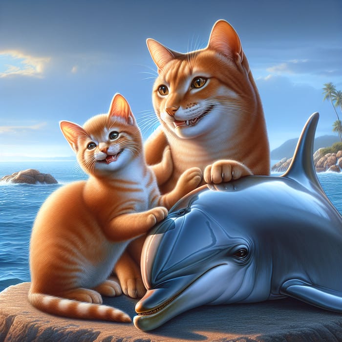 Realistic Auburn Cat and Kitten Stroking Dolphin by Seaside