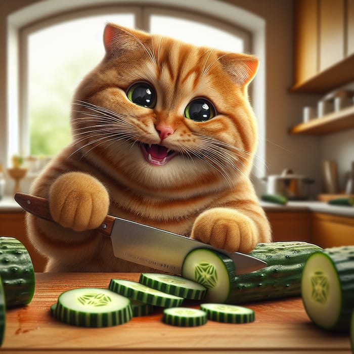 Scottish Ginger Cat Slicing Cucumbers - Realism, Hyperrealism, Photorealism