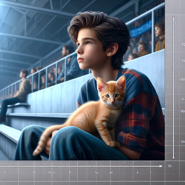 Realistic Photo of Dark-Haired Boy Watching Hockey with Orange Kitten