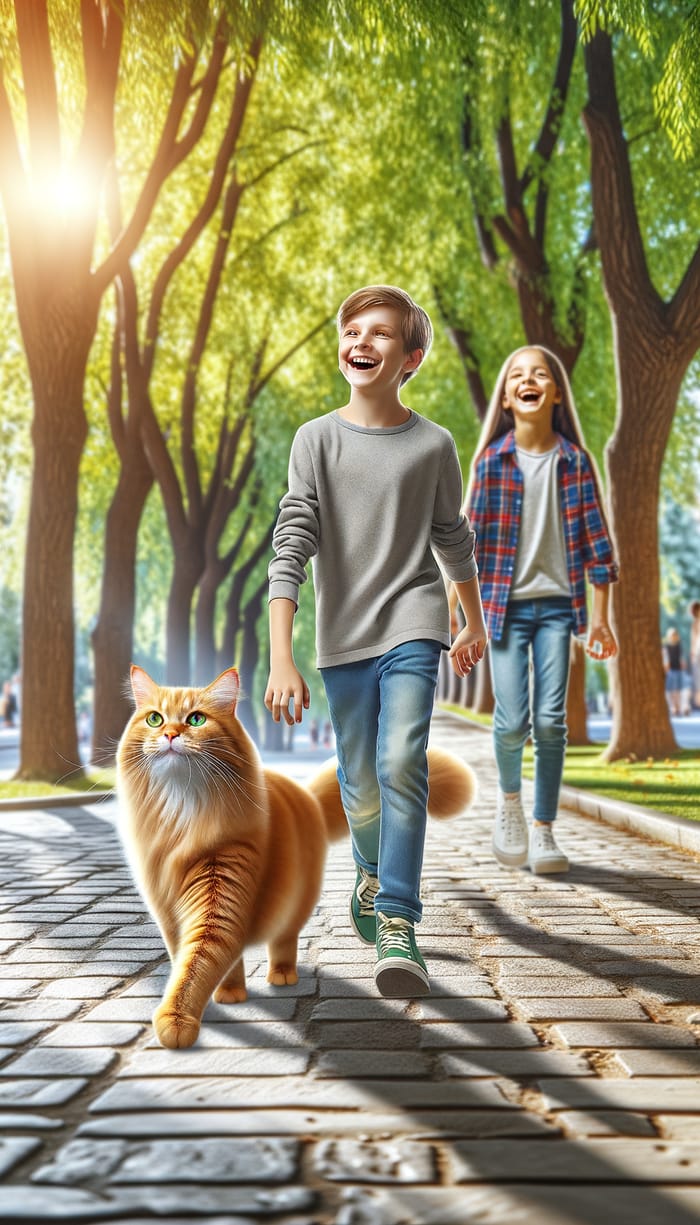 Ginger Cat Walking Proudly with 12-Year-Old Boy and Girl in Park