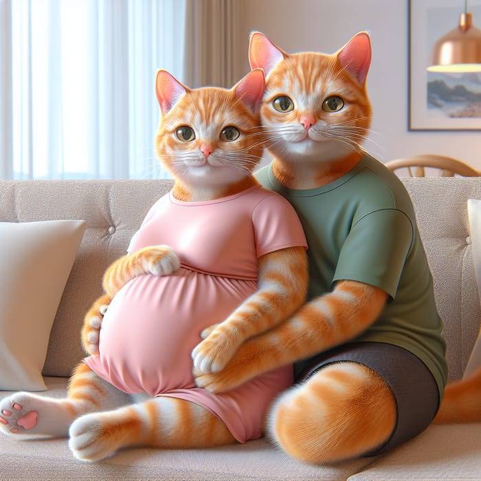 Realistic Portrayal of Pregnant Ginger British Shorthair Cats Embracing