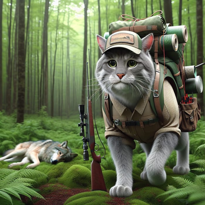 Realistic Grey Tomcat in Hiker's Attire with Rifle and Fallen Wolf in Forest