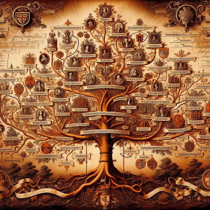 Detailed Genealogical Tree: Richly Ornamented Symbolic Connections