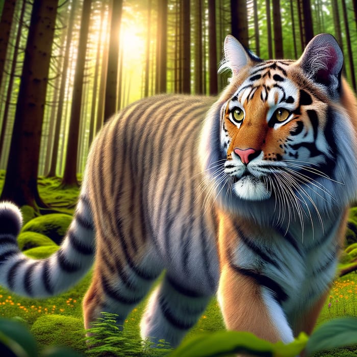 Feline Hybrid: Cat Tiger in Lush Forest Scene