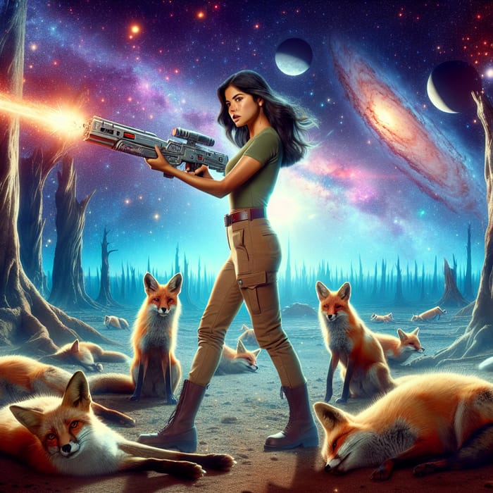 Latina Girl with Blaster and Dead Foxes under Cosmic Sky