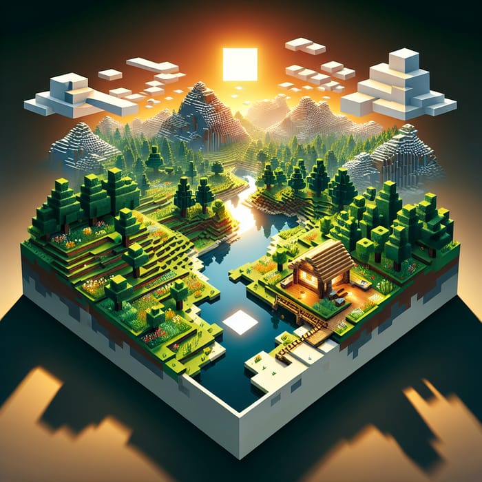 Minecraft Pixelated Landscape with Wooden House