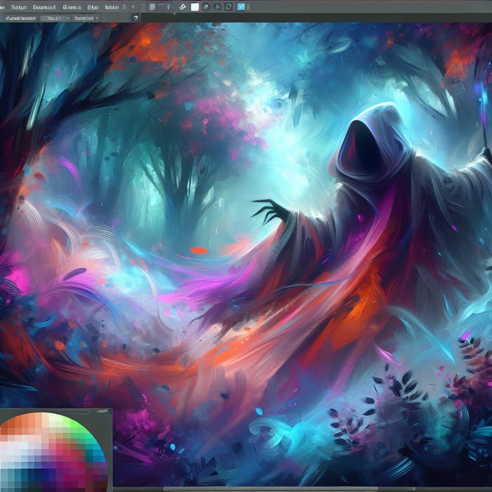 Dynamic Digital Painting of Mysterious Figure in Misty Forest