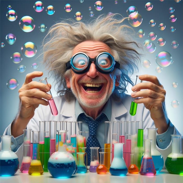 Cheerful Scientist's Whimsical Lab Experiment - Hilarious!
