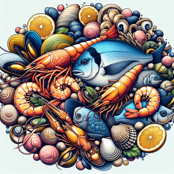 Vibrant Mixed Seafood Circle Illustration | Seafood Art