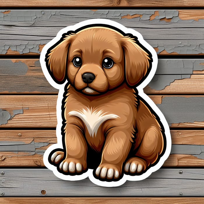 Adorable Brown Puppy Sitting on Wooden Planks Sticker