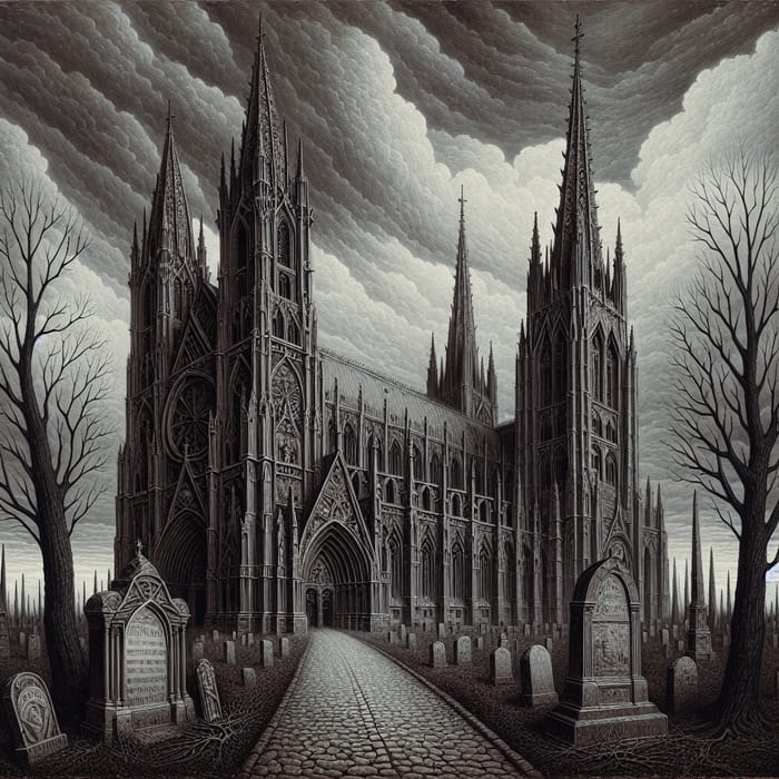 Gothic Theme: Eerie Cathedral Illustration in Monochrome Shades